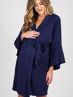 NWT PinkBlush Navy Blue Delivery & Nursing Maternity Robe Size Small
